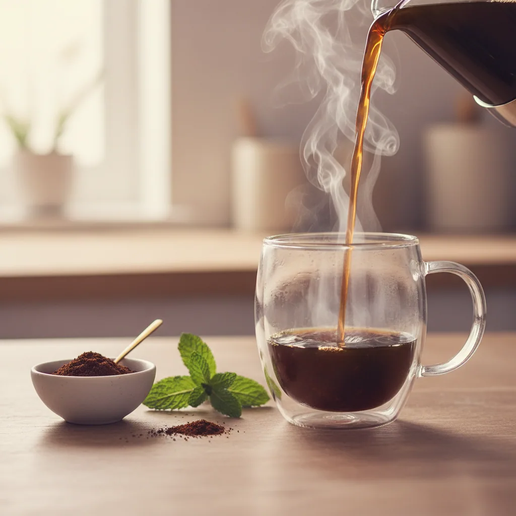 Coffee being poured into a glass mug with herbs and spices - functional coffee blend UK