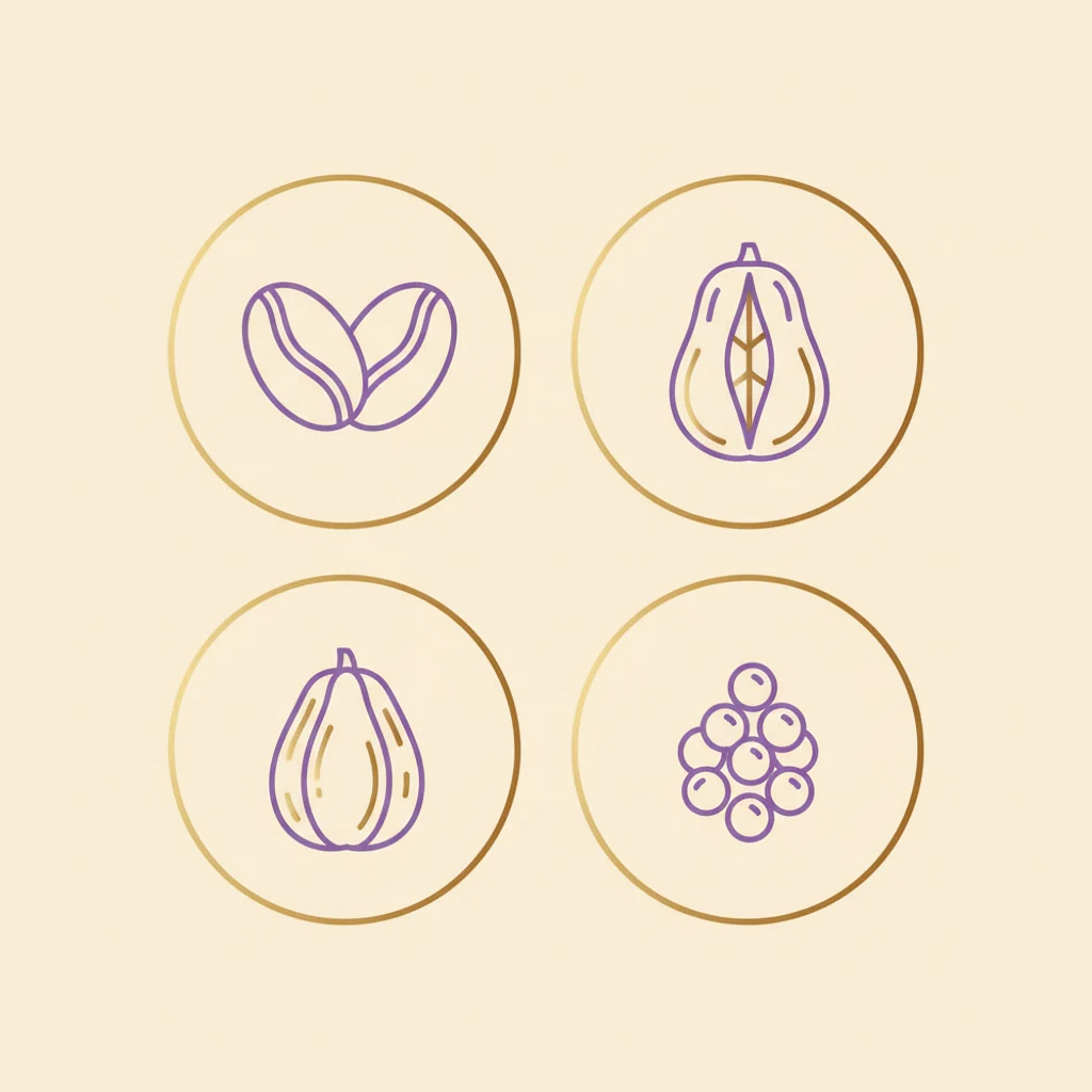 Four ingredient icon grid: green coffee bean, guarana pod, garcinia cambogia fruit, black peppercorn - metabolism support supplement visual
