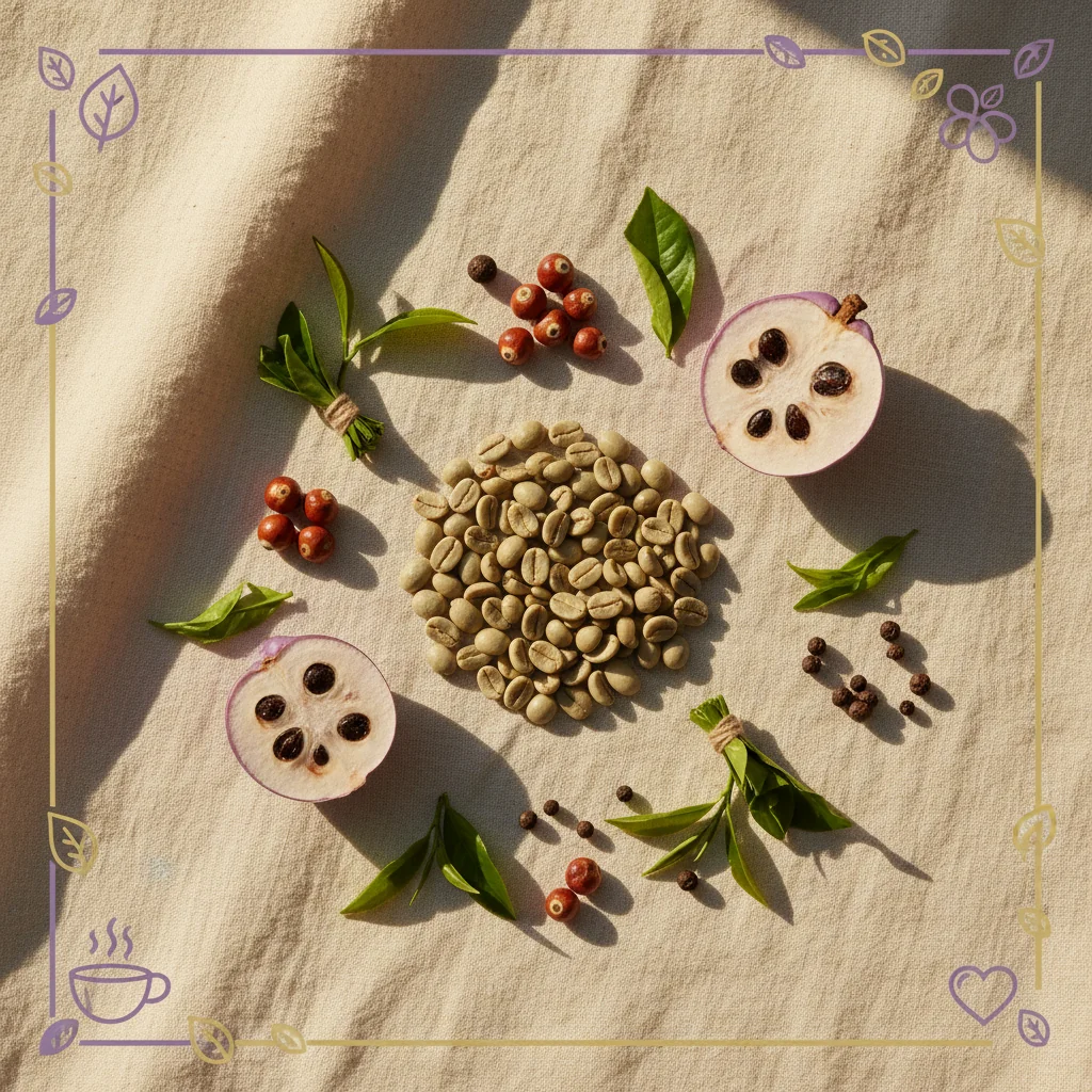 Natural ingredient flat-lay: green coffee beans, guarana seeds, garcinia cambogia, black peppercorns - plant extract energy supplement