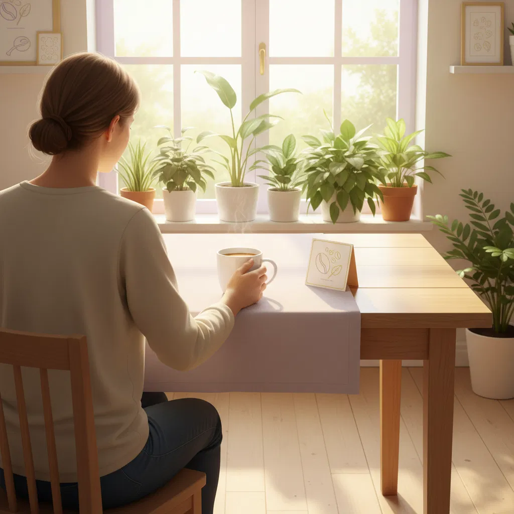 Faceless person from behind holding a warm coffee mug at a bright kitchen table - morning ritual for active lifestyle