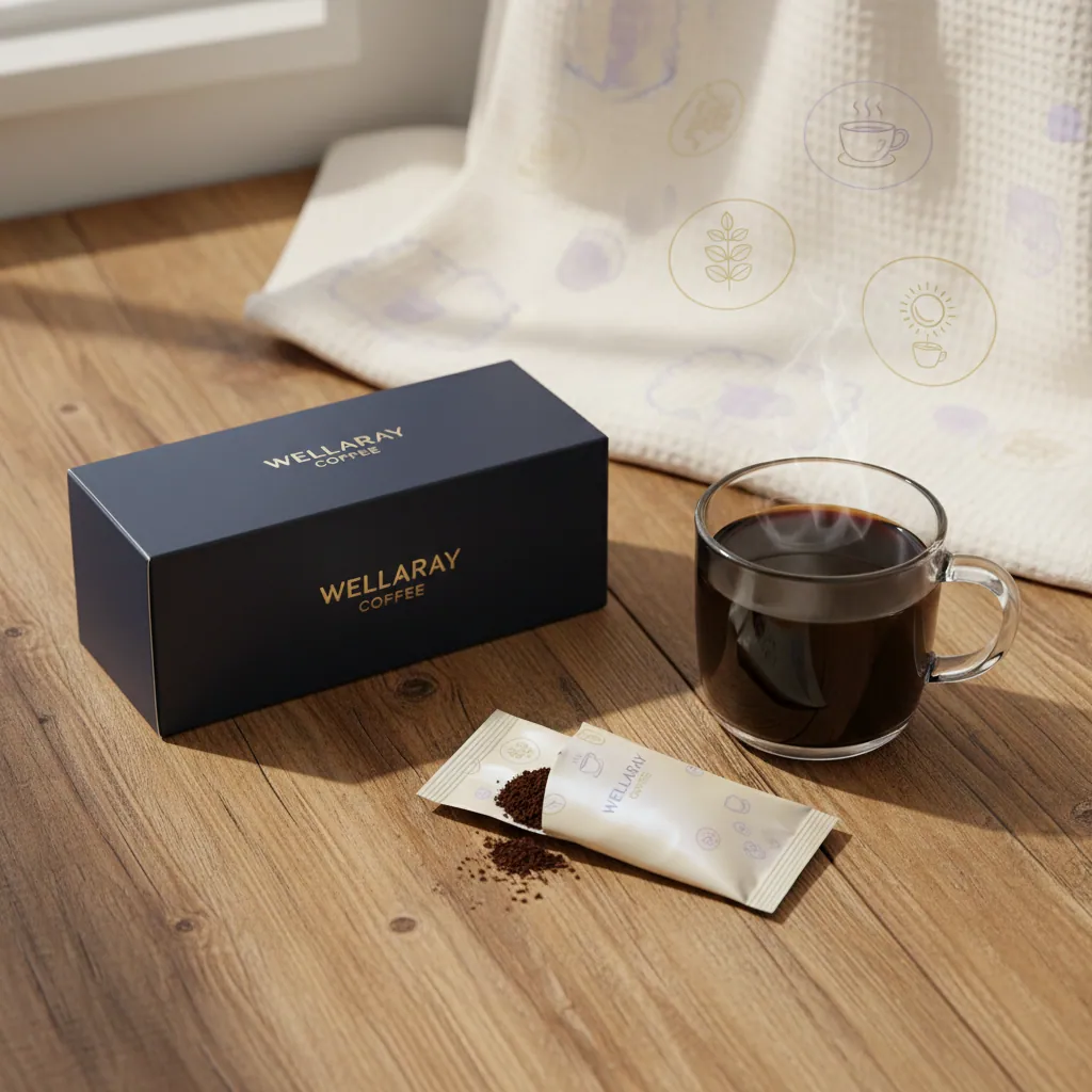 Wellaray Coffee navy box on wooden surface next to a glass mug - functional coffee supplement UK